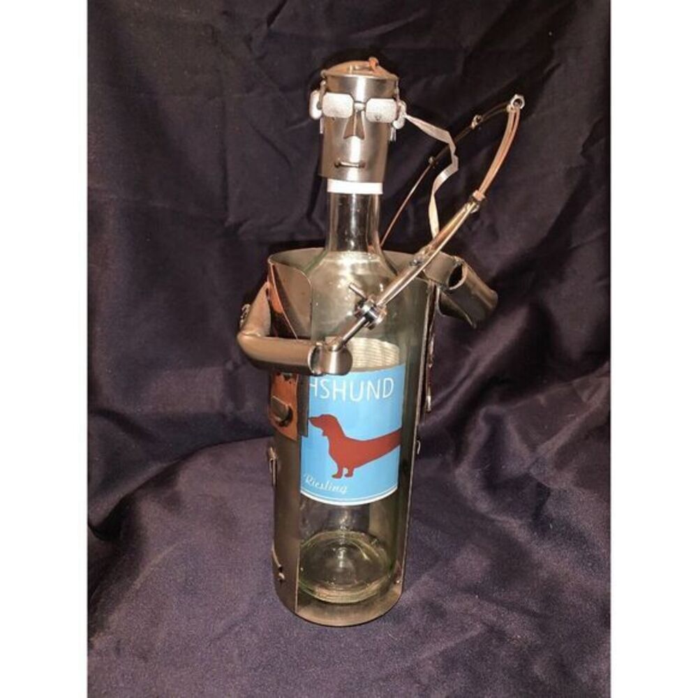 H&K‎ steel sculpture wine bottle holder: Man Fishing (signed)